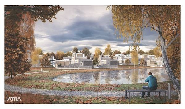 Første del af de mange nye lejeboliger i Remmerslund kommer til at centrere sig omkring byens sø. Illustration: Atra Arkitekter